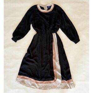 VTG Black Long Sleeve Dress XS S Chiffon Retro 70s Disco Secretary Midi Japan